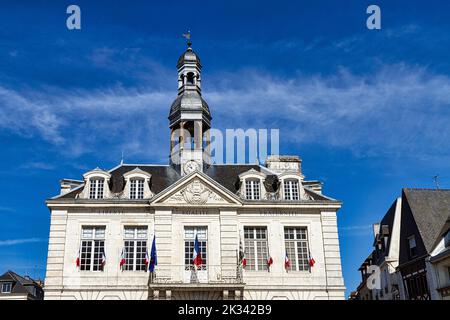 Town Hall with bell tower and the inscription Liberty, Equality, Fraternity, Republic Square, Upper Town, Auray, Morbihan, Brittany, France Stock Photo