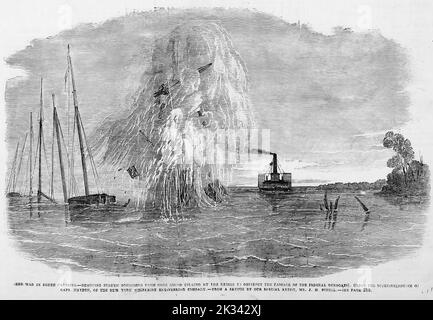 The War in North Carolina - Removing sunken schooners from Core Sound (placed by the Rebels to obstruct the passage of the Federal gunboats), under the superintendence of Captain Hayden, of the New York Submarine Engineering Company. June 1862. 19th century American Civil War illustration from Frank Leslie's Illustrated Newspaper Stock Photo