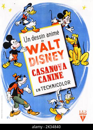 Vintage 1940s French Film Poster for - Canine Casanova / Casanova Canine (1945) Walt Disney characters Pluto,  Mickey Mouse, Goofy, Donald Duck, Stock Photo