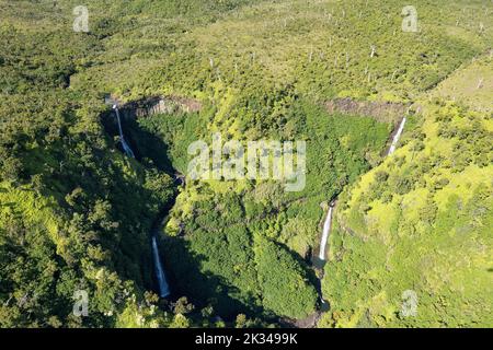 Aerial view Kahili Falls (Five Sisters Falls), Hanapepe Valley, Kauai, Hawaii, USA, North America Stock Photo