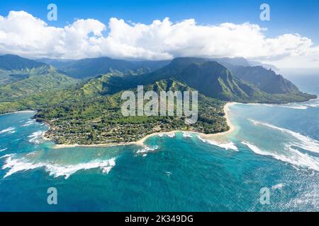 Aerial view Ke'e Beach, Haena Beach, Tunnels Beach, Kepuhi Beach, Napali Coast, Kauai, Hawaii, USA, North America Stock Photo
