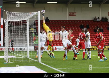 Walsall, UK. 24th Sep, 2022. Owen Evans, the goalkeeper of Walsall makes a save. EFL Skybet Football league two match, Walsall v Tranmere Rovers at the Poundland Bescot Stadium in Walsall, West Midlands on Saturday 24th September 2022. this image may only be used for Editorial purposes. Editorial use only, license required for commercial use. No use in betting, games or a single club/league/player publications.pic by Chris Stading/Andrew Orchard sports photography/Alamy Live News Credit: Andrew Orchard sports photography/Alamy Live News