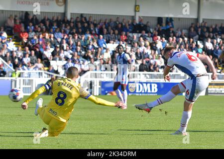 Hartlepool, UK. 17th Oct, 2021. Hartlepool United's Mark Shelton shoots art goal as Gillingham FC Stuart O'Keefe looks to block the shot during the Sky Bet League 2 match between Hartlepool United and Gillingham at Victoria Park, Hartlepool on Saturday 24th September 2022. (Credit: Scott Llewellyn | MI News) Credit: MI News & Sport /Alamy Live News Stock Photo