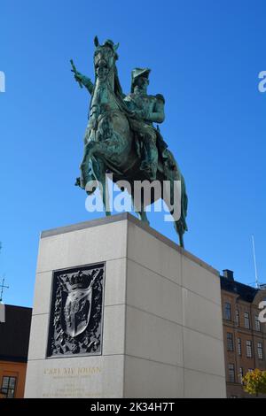 Stockholm, Sweden, September 2022: Equestrian statue of king Karl XIV Johan, located in Square of Charles John Stock Photo