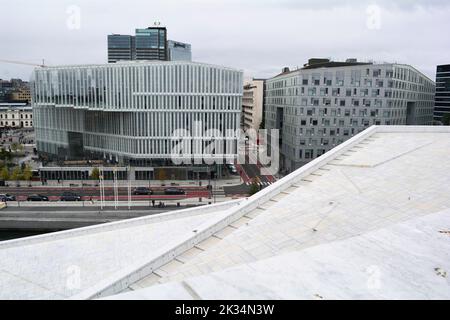 Oslo, Norway, September 2022: City view as seen from the modern Oslo Opera House building. Stock Photo