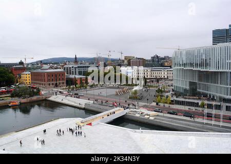 Oslo, Norway, September 2022: City view as seen from the modern Oslo Opera House building. Stock Photo