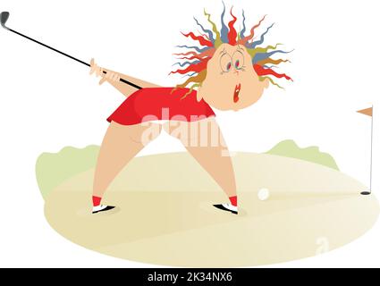 Cartoon golfer woman on the golf course illustration. Funny golfer woman  with a golf club tries to do a good shot isolated on white back Stock Vector