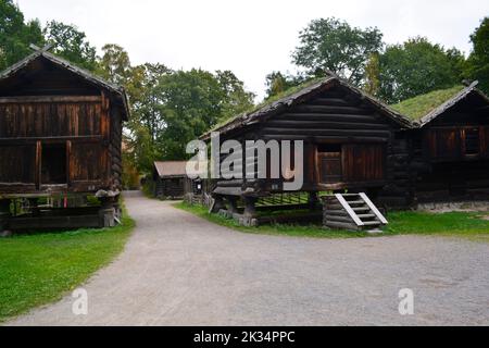 Oslo, Norway, September 2022: Old wooden houses with grass roofs exhibited at The Norwegian Museum of Cultural History (Norsk Folkemuseum) Stock Photo