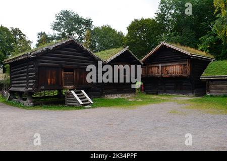 Oslo, Norway, September 2022: Old wooden houses with grass roofs exhibited at The Norwegian Museum of Cultural History (Norsk Folkemuseum) Stock Photo