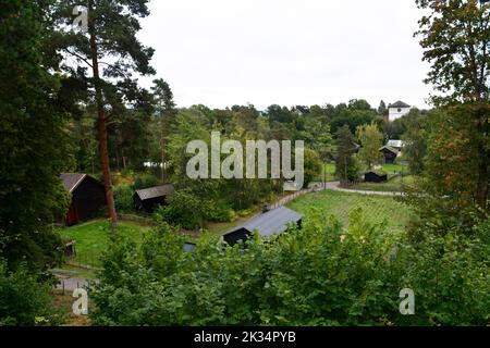 Oslo, Norway, September 2022: Old wooden houses with grass roofs exhibited at The Norwegian Museum of Cultural History (Norsk Folkemuseum) Stock Photo