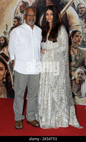 Mumbai, India. 24th Sep, 2022. L-R Indian film director Mani Ratnam and bollywood actress Aishwarya Rai Bachchan pose for a photo after a press conference of their upcoming film PS-1 (Ponniyin Selvan) in Mumbai. The film is an Indian-Tamil language epic period action film releasing on 30th September 2022. Credit: SOPA Images Limited/Alamy Live News Stock Photo