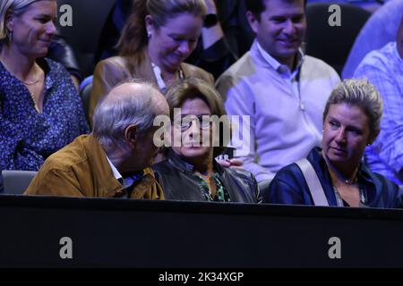 24th September 2022; O2, London England: Laver Cup international tennis tournament: Mirka Federer sits in the crowd with Lynette Federer Stock Photo