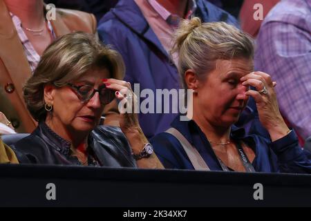 24th September 2022; O2, London England: Laver Cup international tennis tournament: Mirka Federer sits in the crowd with Lynette Federer Stock Photo