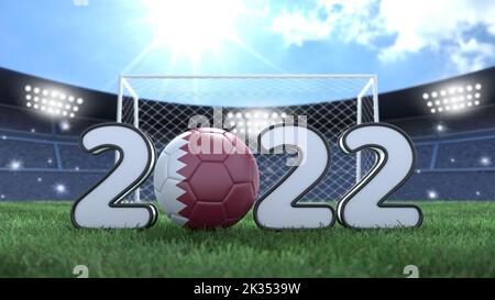 2022 illustration. Ball in Qatari flag colors. Stadium bright background. 3D image Stock Photo