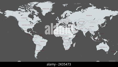 A digital world map on gray background with place names Stock Photo