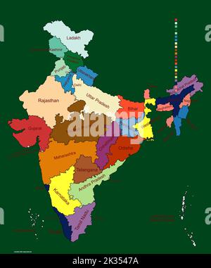 A vertical digital India map on green background with place names Stock Photo
