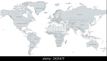 A digital world map on white background with place names Stock Photo