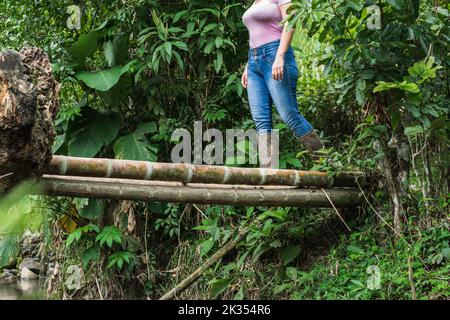 latin peasant woman in marsh boots crossing a bridge made of giant bamboo to cross a stream, surrounded by nature. girl on her way home exploring and Stock Photo