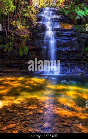 Gordon Falls in Blue Mountains national park falling to pool of Siloam - regional Leura town walking tracks. Stock Photo