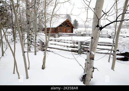 WY05059-00.....WYOMING - Cabin at the horse corral in Grand Teton National Park. Stock Photo