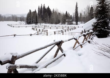 WY05061-00.....WYOMING - Snow covered and empty horse corral in Grand Teton National Park. Stock Photo