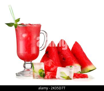 Glass of cold watermelon fresh and ice cubes isolated on white background Stock Photo