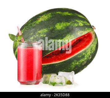Glass of cold watermelon fresh and ice cubes isolated on white background Stock Photo