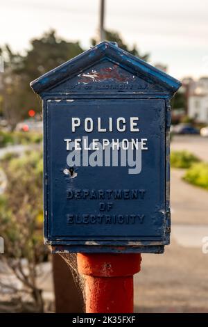 Old Poilce Telephone Call Box Covered In Spider Webs in San Francisco Stock Photo