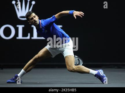 London, UK. 24th Sep, 2022. Novak Djokovic of Team Europe returns during the ATP Laver Cup 2022 at the o2 Arena, London, England on 23 September 2022. Photo by Joshua Smith. Editorial use only, license required for commercial use. No use in betting, games or a single club/league/player publications. Credit: UK Sports Pics Ltd/Alamy Live News Stock Photo