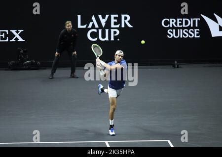 London, UK. 24th Sep, 2022. Matteo Berrettini of Team Europe returns during the ATP Laver Cup 2022 at the o2 Arena, London, England on 23 September 2022. Photo by Joshua Smith. Editorial use only, license required for commercial use. No use in betting, games or a single club/league/player publications. Credit: UK Sports Pics Ltd/Alamy Live News Stock Photo