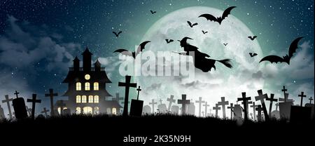 Halloween Silhouette of Witch flying over the full moon, graveyard, haunted house, bats, and dead tree. 3D Illustration. Stock Photo