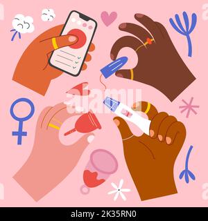 Feminine stickers, women hold menstrual cup, tampon, pregnancy test, smartphone , menstrual calendar application, app for menstruation periods, female Stock Vector