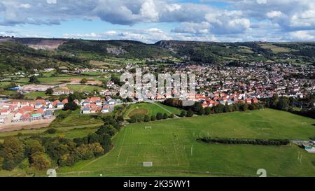 Aerial view of Cheddar playing fields, Somerset Stock Photo