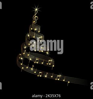 abstract christmas tree with music pentagram. gold christmas tree with musical notes Stock Vector