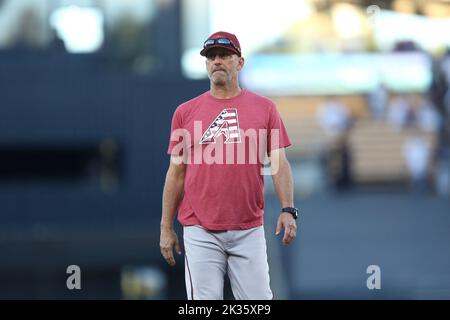 Arizona Diamondbacks manager Torey Lovullo (17) looks on prior to a MLB Baseball game against the Los Angeles Dodgers, Thursday, Sept. 22, 2022, in Los Angeles. (Brooke Sutton/Image of Sport) Stock Photo