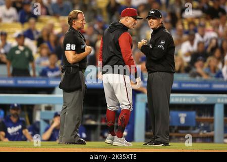 Arizona Diamondbacks manager Torey Lovullo (17) interacts with officials during a MLB Baseball game against the Los Angeles Dodgers, Thursday, Sept. 22, 2022, in Los Angeles. (Brooke Sutton/Image of Sport) Stock Photo