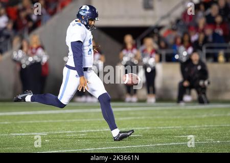 Ottawa, Canada. 24th Sep, 2022. Toronto Argonauts kicker Boris Bede (14) punts during the CFL game between Toronto Argonauts and Ottawa Redblacks held at TD Place Stadium in Ottawa, Canada. Daniel Lea/CSM/Alamy Live News Stock Photo