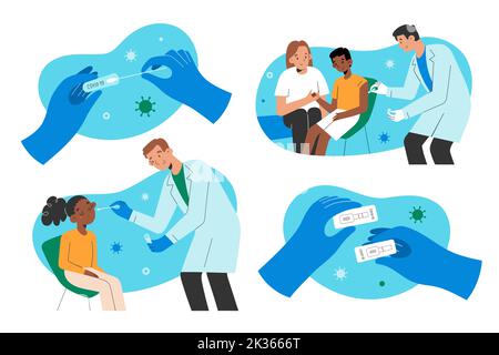 Covid collection, medical doctors performing prc-tests with cotton swab, holding syringe, giving vaccine injections against coronavirus, vector Stock Vector
