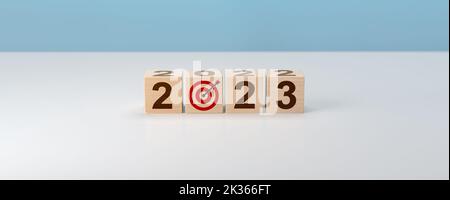 2023 Goal, Plan, Action alphabet letter on wooden cubes. Concept new year 2023 resolution and future planning. Starting to new year. Goals, plan, stra Stock Photo