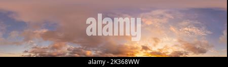 Dark blue sunset sky panorama with pink Cumulus clouds. Seamless hdr 360 panorama in spherical equirectangular format. Full zenith for 3D Stock Photo