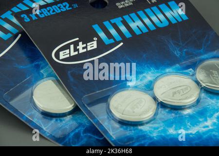 Hamburg, Germany - September 25  2022: Elta Lithium Batterie Knopfzelle CR2032 close up - Elta Lithium battery button cell CR2032 close up Stock Photo