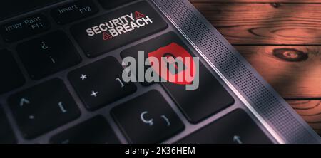 Banner of laptop keyboard with system breach warning on button. Cyber security data protection business technology. Stock Photo