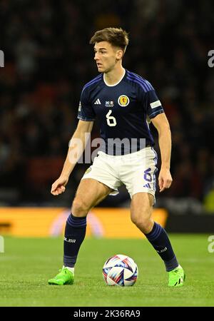 Glasgow, Scotland, 24th September 2022.   Kieran Tierney of Scotland during the UEFA Nations League match at Hampden Park, Glasgow. Picture credit should read: Neil Hanna / Sportimage Stock Photo
