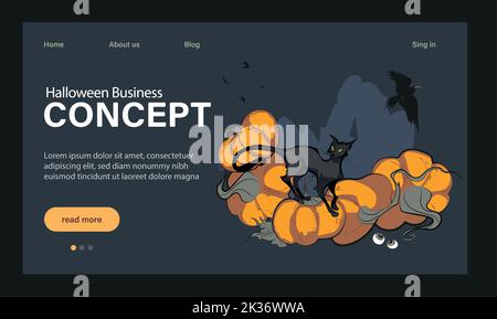 Happy Halloween Party Website Design. Landing Page Template with Symbols of Halloween Celebration. Flat Cartoon Vector Invitation Illustration for Website Page. Vector illustration Stock Vector