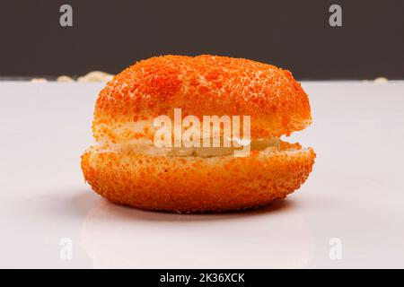 Top view of fresh baked wheat bun isolated on white Stock Photo