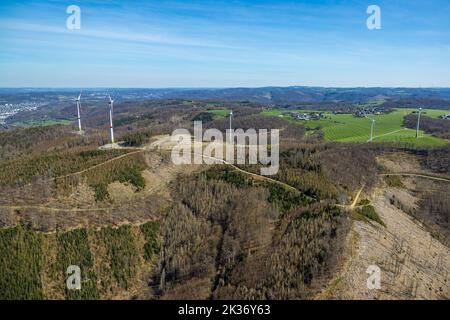 Aerial view, wind turbines in forest area with forest damage in Hohenlimburg, Hagen, Ruhr area, North Rhine-Westphalia, Germany, DE, Europe, Aerial ph Stock Photo