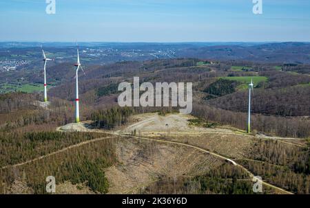 Aerial view, wind turbines in forest area with forest damage in Hohenlimburg, Hagen, Ruhr area, North Rhine-Westphalia, Germany, DE, Europe, Aerial ph Stock Photo