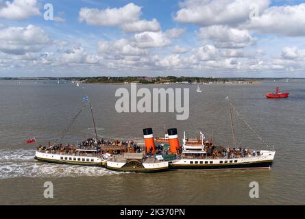 The world's last seaworthy paddle steamer, the Waverley departs from Ha'Penny Pier in Harwich, Essex, for a trip to London on her 75th anniversary. Picture date: Sunday September 25, 2022. Stock Photo