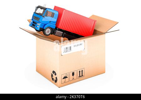 Container truck inside parcel. Freight transportation, delivery concept. 3D rendering isolated on white background Stock Photo