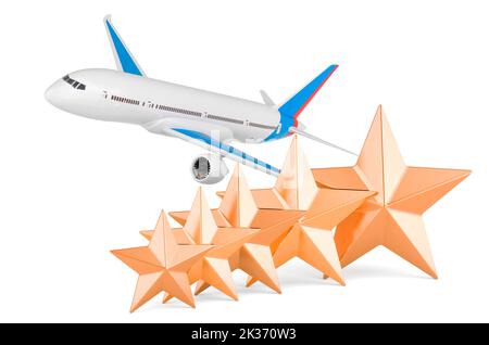 Plane with five golden stars. 3D rendering isolated on white background Stock Photo